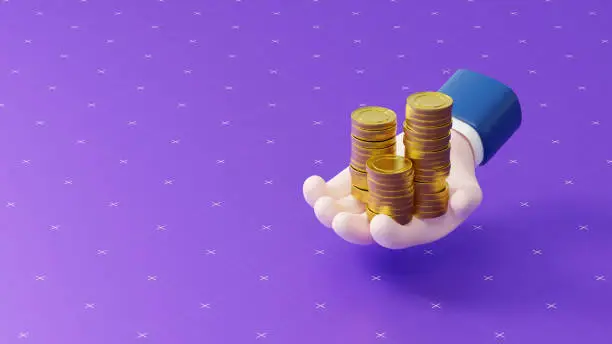 Photo of Money on the cartoon hand, purple background with grid pattern. 3D icon.