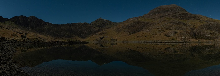 An awe-inspiring aerial view of a tranquil lake surrounded by majestic mountains: Snowdon Pano at night