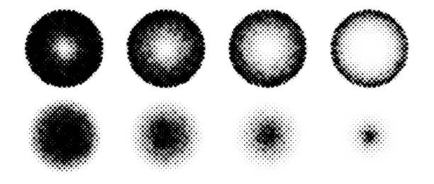 Halftone circle shapes set. Dotted textured spheres collection. Round fading gradient in comic pop art style. Black spotted design elements bundle. Rasterized and pixelated background pack. Vector Halftone circle shapes set. Dotted textured spheres collection. Round fading gradient in comic pop art style. Black spotted design elements bundle. Rasterized and pixelated background pack. Vector rasterized stock illustrations