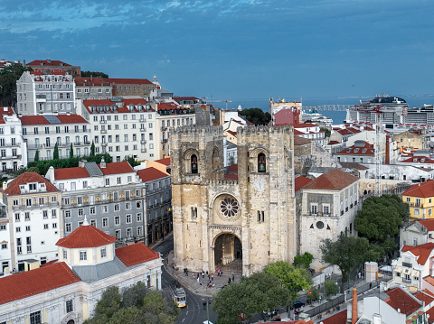 Lisbon Cathedral of Saint Mary Major. Downtown Old Town of Lisbon, Portugal. Drone Point of View