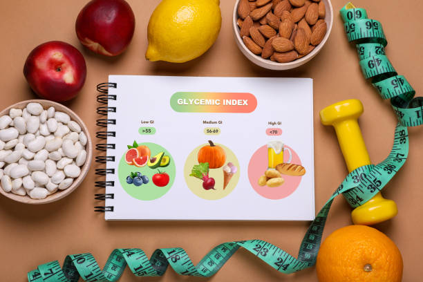 istock Information about grouping of products under their glycemic index. Notebook, measuring tape, dumbbell, beans, almonds and fruits on light brown background, flat lay 1499837907