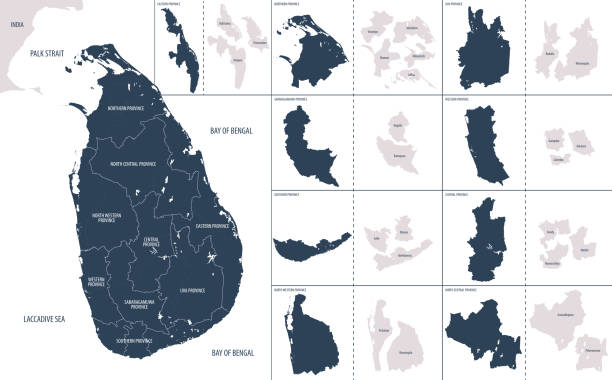 ilustraciones, imágenes clip art, dibujos animados e iconos de stock de vector color mapa detallado de sri lanka con divisiones administrativas del país, cada provincia se presenta por separado en-muy detallado y dividido en distritos - india map cartography sri lanka
