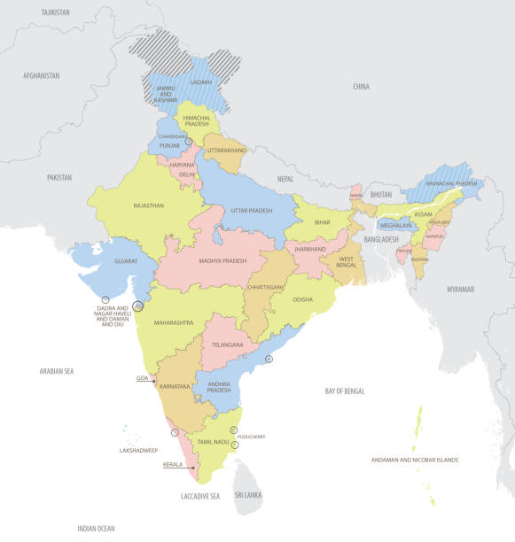 白い背景にインドの詳細な地図と行政区画と近隣諸国の国境、ベクターイラスト - india map cartography pakistan点のイラスト素材／クリップアート素材／マンガ素材／アイコン素材