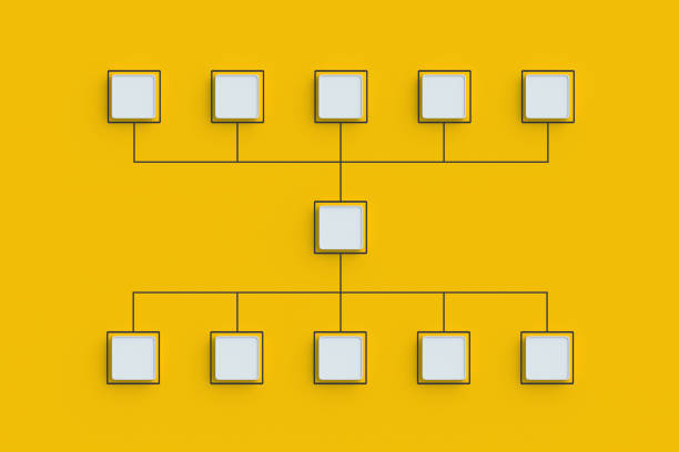 istock Scheme made from empty buttons. Hierarchical organizational chart concept. Management and marketing. Employee position. Flowchart of hiring and dismissal. Corporate communication. Top view. 3d render 1499838491