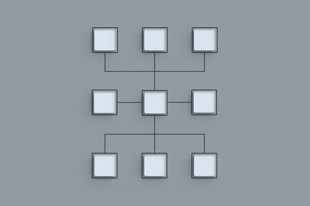 istock Scheme made from empty buttons. Hierarchical organizational chart concept. Company structure. Management and marketing. Network distribution. Corporate communication. Top view. 3d render 1499838501
