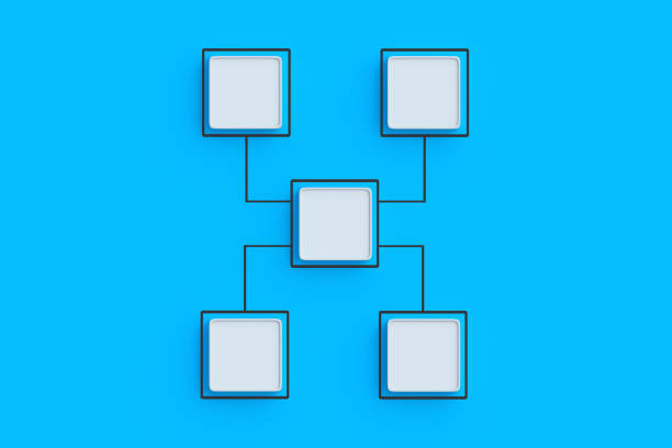 istock Corporate communication. Scheme made from empty buttons. Hierarchical organizational chart concept. Company structure. Management and marketing. Network distribution. Top view. 3d render 1499838505