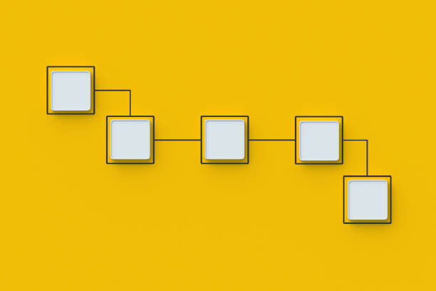 istock Hierarchical organizational chart concept. Scheme made from empty buttons. Management and marketing. Employee position. Flowchart of hiring and dismissal. Corporate communication. Top view. 3d render 1499838508