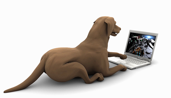 Image of genius dog playing computer game. The gameplay video on the laptop monitor is from my iStock video portfolio. Video number: 1370735746