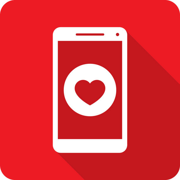 Heart Smartphone Icon Silhouette 2 Vector illustration of a smartphone with heart icon against a red background in flat style. heart emoji phone stock illustrations