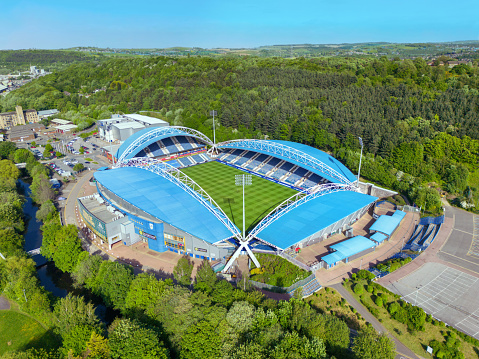 Huddersfield, Yorkshire, United Kingdom. 05.23.2023 John Smiths Stadium used by Huddersfield Town Football Club and Huddersfield Giants Rugby Club. Aerial Image. 23rd May 2023.