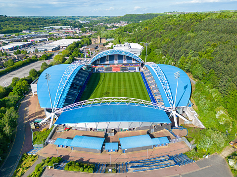 Huddersfield, Yorkshire, United Kingdom. 05.23.2023 John Smiths Stadium used by Huddersfield Town Football Club and Huddersfield Giants Rugby Club. Aerial Image. 23rd May 2023.