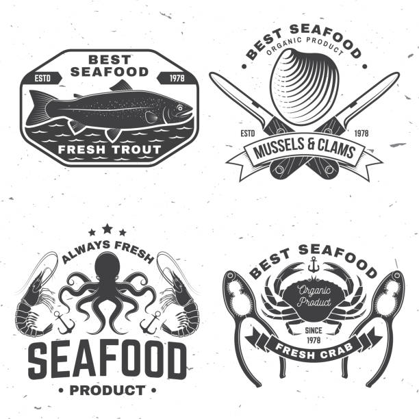 ilustrações de stock, clip art, desenhos animados e ícones de set of best seafood badges. fresh tuna, octopus, trout, shrimp, dressed crab, mussels and clams. vector. for seafood emblem, sign, patch, shirt, menu restaurants with tuna, trout, shrimp, octopus, crab, mussels and clams - trout fishing silhouette salmon