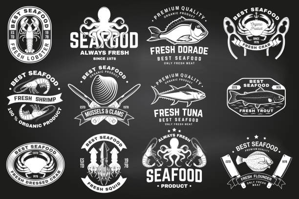 ilustrações de stock, clip art, desenhos animados e ícones de set of best seafood badges. fresh tuna, octopus, trout, shrimp, dressed crab, mussels and clams. vector. for seafood emblem, sign, patch, shirt, menu restaurants with tuna, trout, shrimp, octopus, crab, mussels and clams - trout fishing silhouette salmon