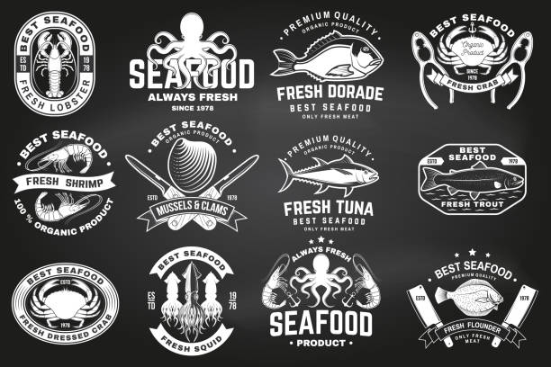 Set of best seafood badges. Fresh tuna, octopus, trout, shrimp, dressed crab, mussels and clams. Vector. For seafood emblem, sign, patch, shirt, menu restaurants with tuna, trout, shrimp, octopus, crab, mussels and clams Set of best seafood badges. Fresh tuna, octopus, trout, shrimp, dressed crab, mussels and clams. Vector. For seafood emblem, sign, patch, shirt, menu restaurants with tuna, trout, shrimp, octopus crab mussels and clams rainbow crab stock illustrations