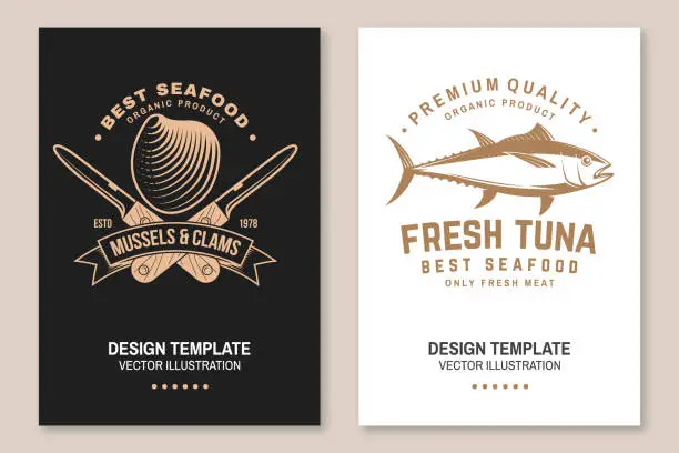 Vector illustration of Set of fresh seafood retro poster, banner with tuna, mussels and clams. Vector illustration. For seafood emblem, sign, patch, shirt, menu restaurants, fish markets, stores with tuna, mussels and clams silhouette