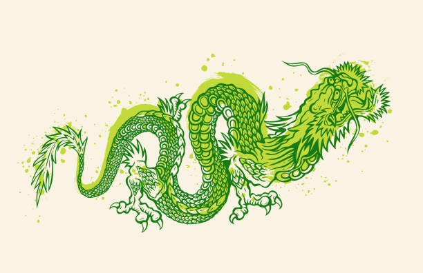 Vector illustration of a green Chinese dragon. Tattoo of green dragon in asian style. Chinese new year 2024. vector art illustration