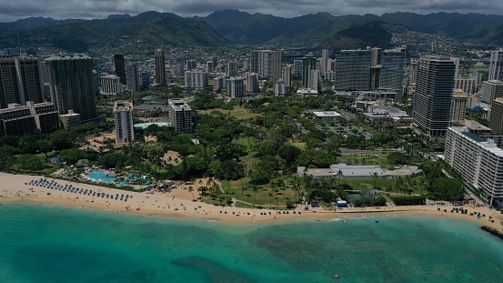 Beautiful aerial beach views along the coast in Honolulu Hawaii