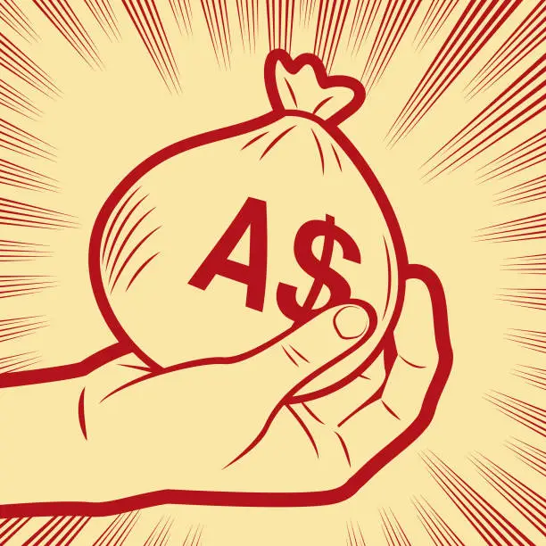 Vector illustration of A human hand holding a money bag in the background with radial manga speed lines