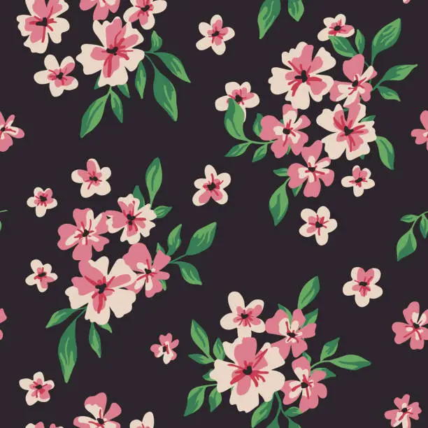 Vector illustration of Seamless floral pattern, vintage ditsy print: small pink flowers, leaves on a black background. Vector illustration.