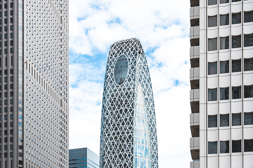 Tokyo, Japan - 03/24/2019: Looking up towards the top of the Mode Gakuen Coccoon tower