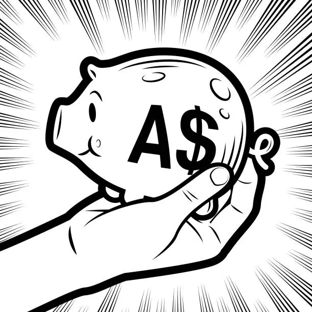 Vector illustration of A human hand holding a piggy bank with a currency symbol in the background with radial manga speed lines