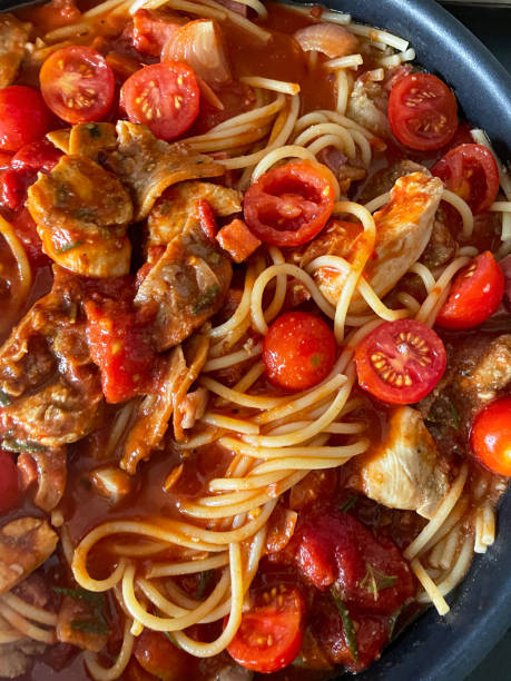 Full frame image of cooked chicken breast pieces in non-frying pan with freshly cooked spaghetti pasta. chopped bacon, cherry tomato halves and tomato ragu sauce, elevated view