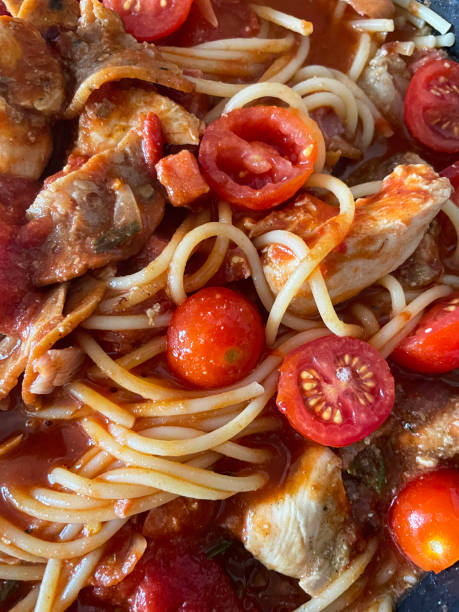 Full frame image of cooked chicken breast pieces with freshly cooked spaghetti pasta. chopped bacon, cherry tomato halves and tomato ragu sauce, elevated view