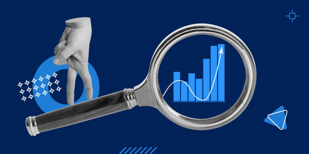 Business analytics, analysis, data search, strategy. Charts behind the magnifying glass with your hand pacing. Minimalist art collage