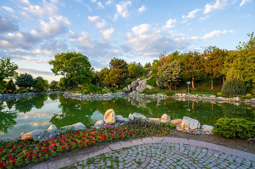 The view of the artificial pond in Ankara 50th Year Park (50. Yil Parki).