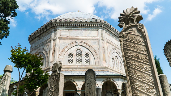 Mausoleum of Sultan Suleyman the Magnificent in Istanbul Turkey. Kanuni Sultan Suleyman Turbesi is located inside the Suleymaniye Mosque complex. Selective focus included
