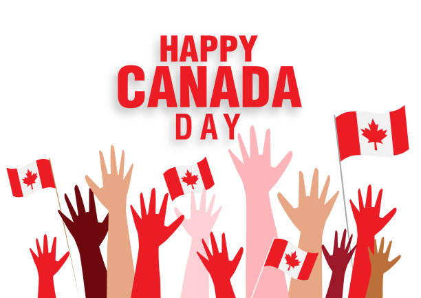istock Happy Canada Day greeting web banner design template with arms raised and waving Canadian Flags 1499857930