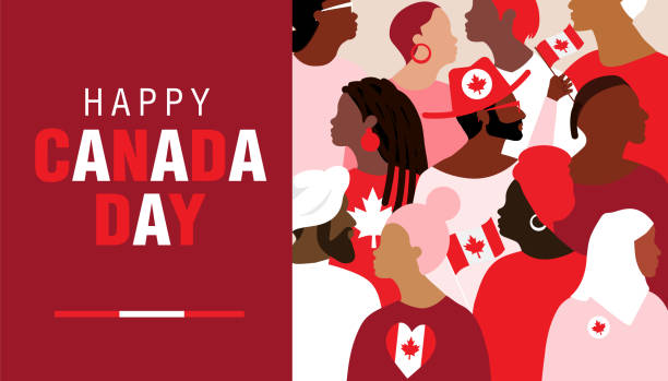 illustrazioni stock, clip art, cartoni animati e icone di tendenza di modello di banner web di auguri per felice canada day con gruppo di persone diverse che sventolano bandiere canadesi - canadian flag canadian culture canada people