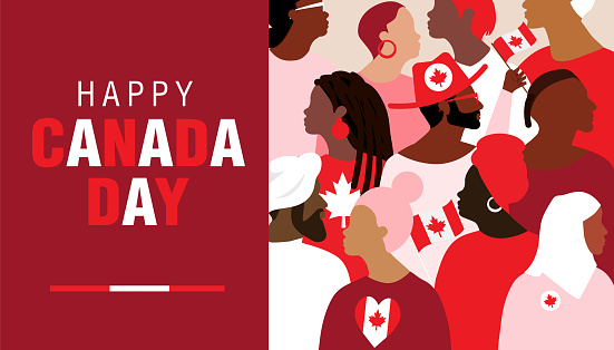 Vector illustration of a Happy Canada Day greeting web banner design template. Use for July 1st celebration poster, flyer, social media graphic. Includes high resolution jpg and editable vector eps.