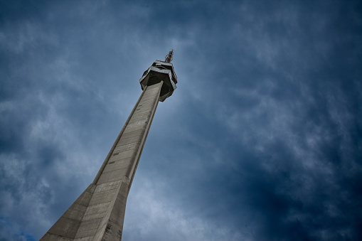 Picture of the Avala tower seen from below. The Avala Tower is a 204.68 m tall telecommunications tower located on Mount Avala, in Belgrade, Serbia.