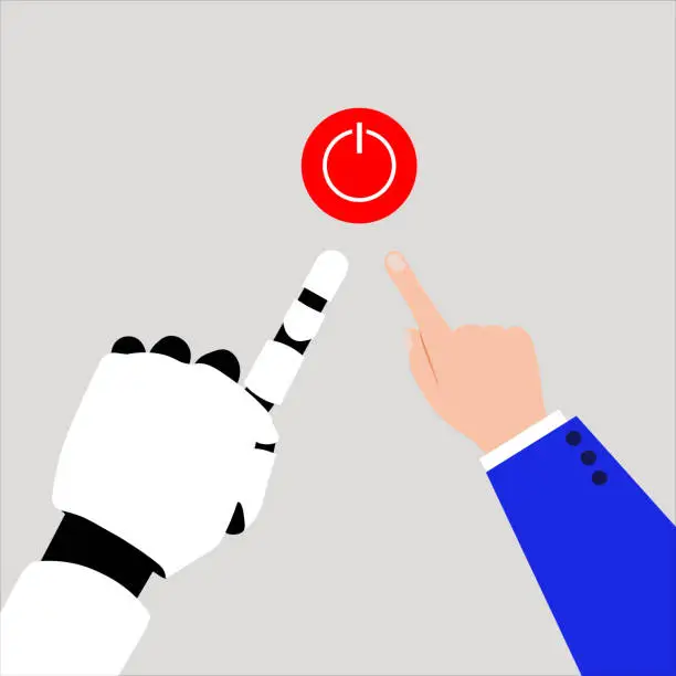 Vector illustration of Human and robotic hands pressing the start button together. Humans and robots working together in flat vector illustration.