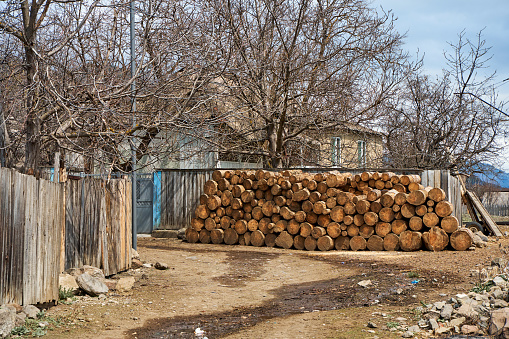 Stock of firewood for heating in winter. Stove heating in the village.