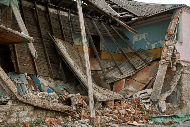 istock An abandoned two-story building with a crumbling roof 1499864862