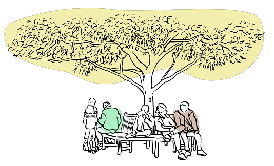 A group of people sit beneath a large single tree in a public park. Old and young, men and women. Hand drawn vector illustration.