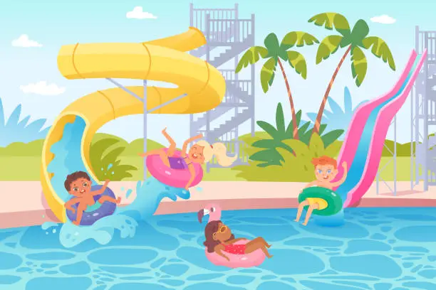 Vector illustration of Children swim, play in water pool of aqua park, kids ride inflatable rings on waterslide