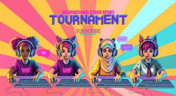 Vector illustration of Diverse team of girls gamer or streamer with cat ears headset sits in front of a computers