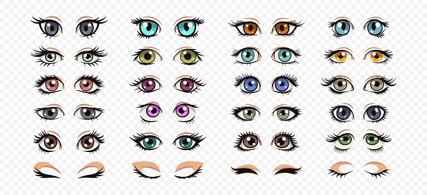 Vector Cartoon Female Eyes Collection. Beautiful Colored Women s Opened and Closed Eyes in Manga, Pop Art Comic Style, Isolated. Different Girls Eyes with Eyelashes Design Template. Front View.