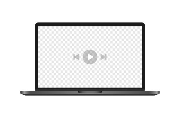 illustrations, cliparts, dessins animés et icônes de lecteur vidéo. réalisme, gris, regarder la vidéo sur macbook, disposition du lecteur vidéo sur macbook. illustration vectorielle. - macbook