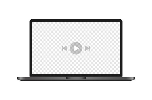 Video player. Realism, grey, watch video on macbook, video player layout on macbook. Vector illustration.