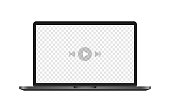 Video player. Realism, grey, watch video on macbook, video player layout on macbook. Vector illustration.