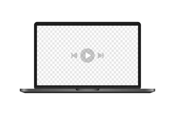 Vector illustration of Video player. Realism, grey, watch video on macbook, video player layout on macbook. Vector illustration.