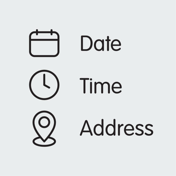 illustrazioni stock, clip art, cartoni animati e icone di tendenza di data, ora, indirizzo posizione icona impostata. vettore piatto. isolato sullo sfondo - luogo dabitazione