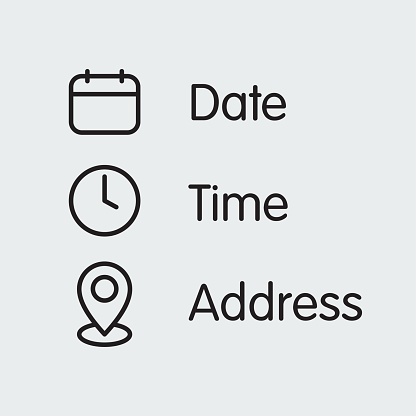 Date, Time, Address Location Icon Set. Calendar, Clock, Location Symbols