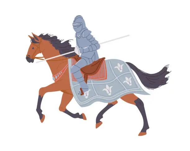 Vector illustration of Armed knight riding horse, medieval warrior - cartoon flat vector illustration isolated on white background.