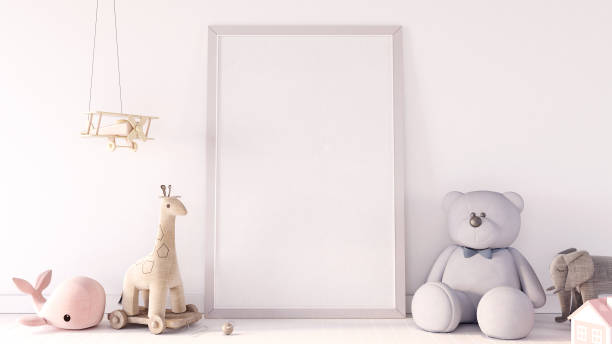 Children's room interior design with pastel colors details and empty picture frame 3d render