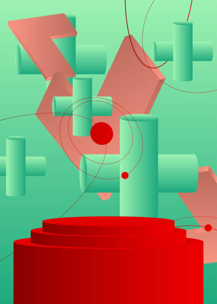 istock Light red, pink, red and turquoise cylinder pedestal podium. Mockup product display for presentation. Vector 3D stage showcase. Abstract minimal geometric forms, empty scene. 1499883239